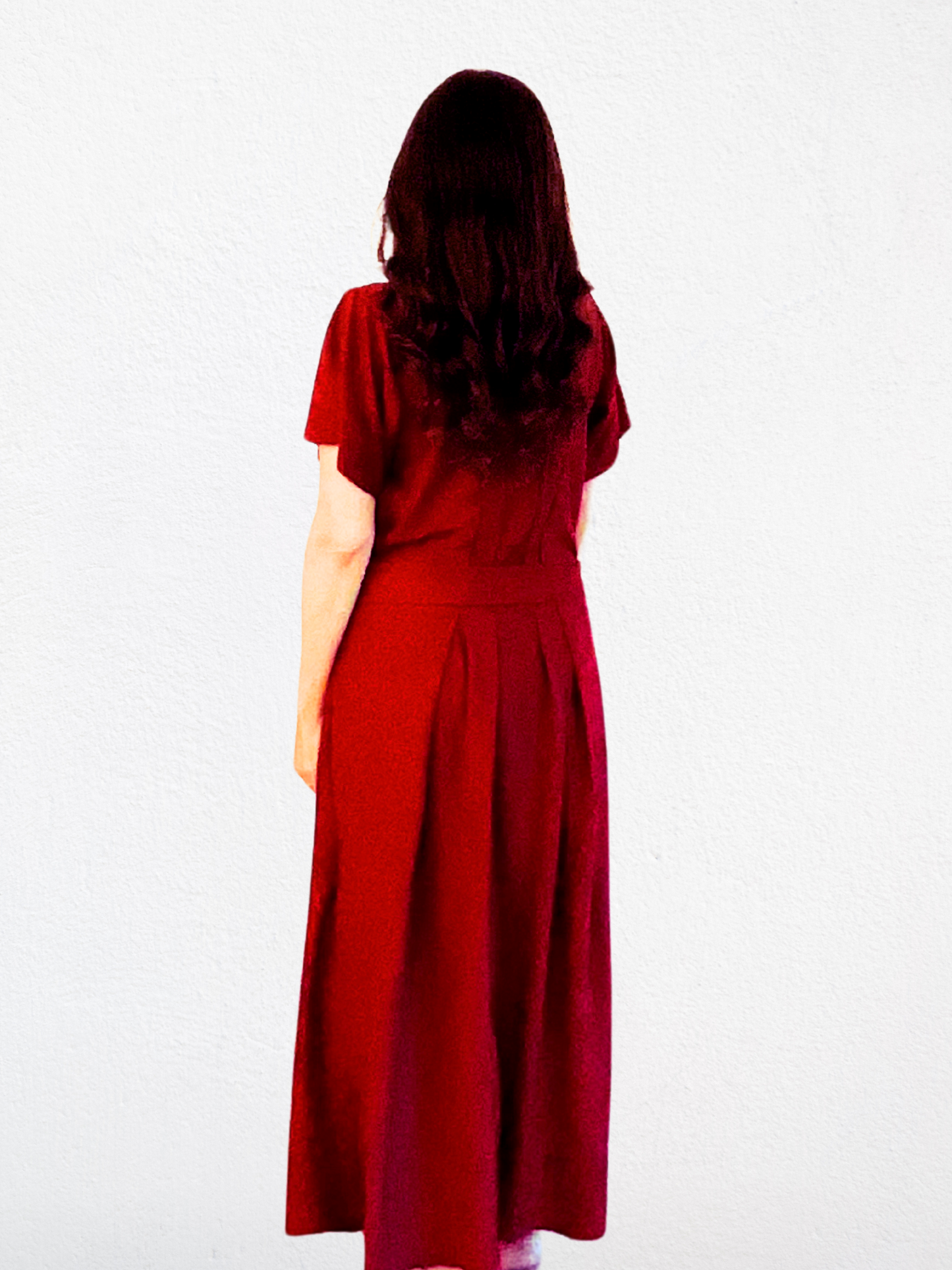 Fig Dress – Dark Red Merino Wool Maxi Dress with Waist Belt, Short Sleeves