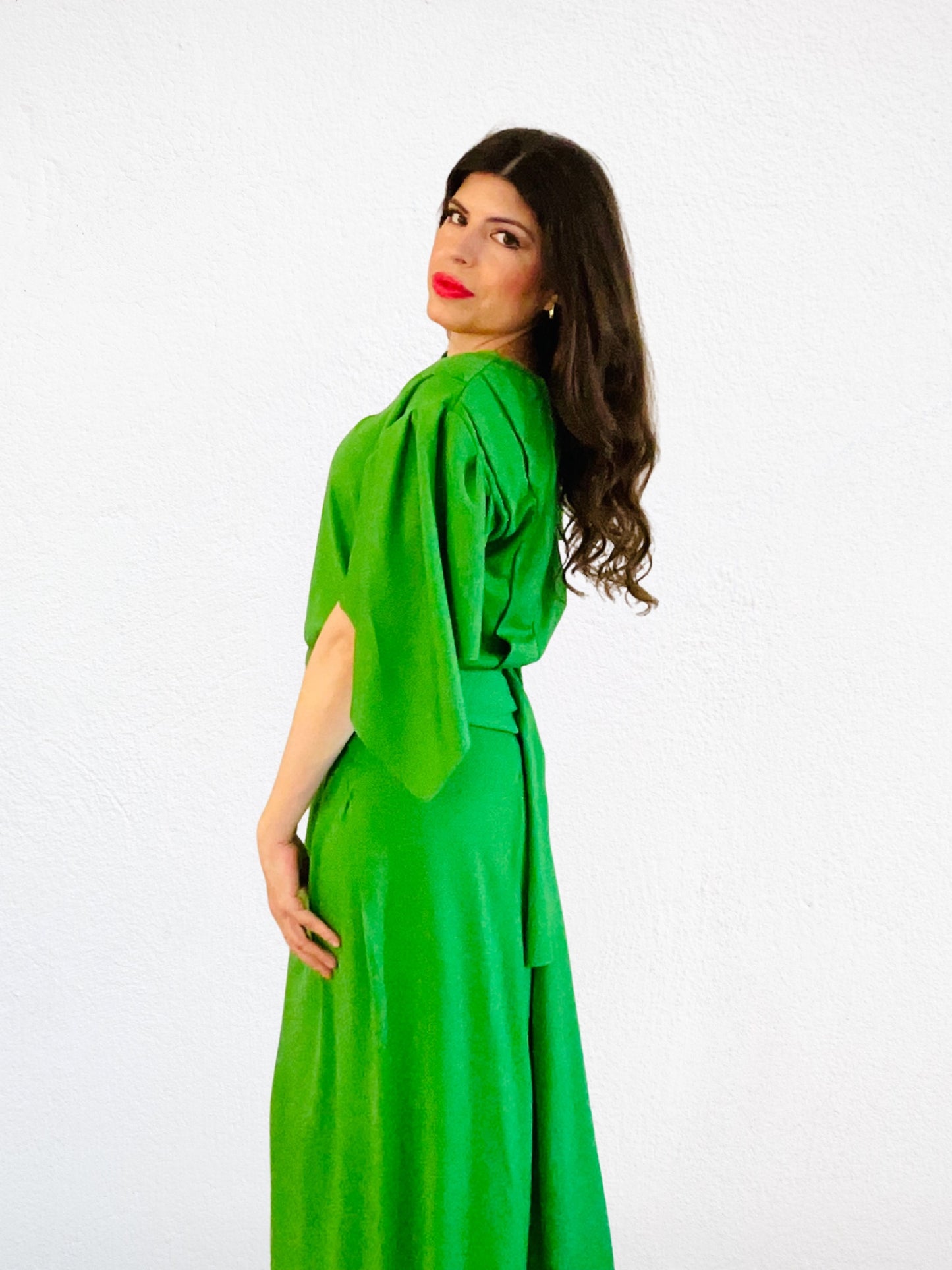 Tree Dress – Green Merino Wool Maxi Dress, short sleeves, waist tie”