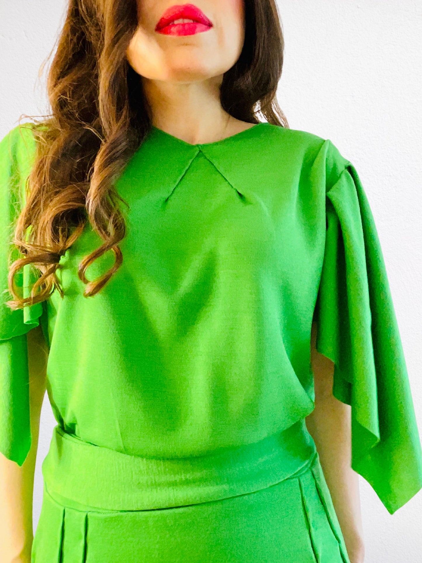 Tree Dress – Green Merino Wool Maxi Dress, short sleeves, waist tie”