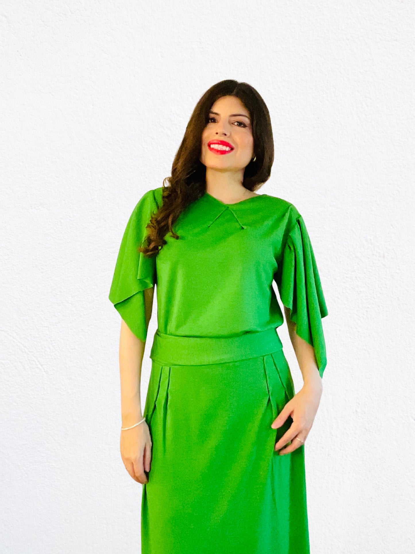 Tree Dress – Green Merino Wool Maxi Dress, short sleeves, waist tie”