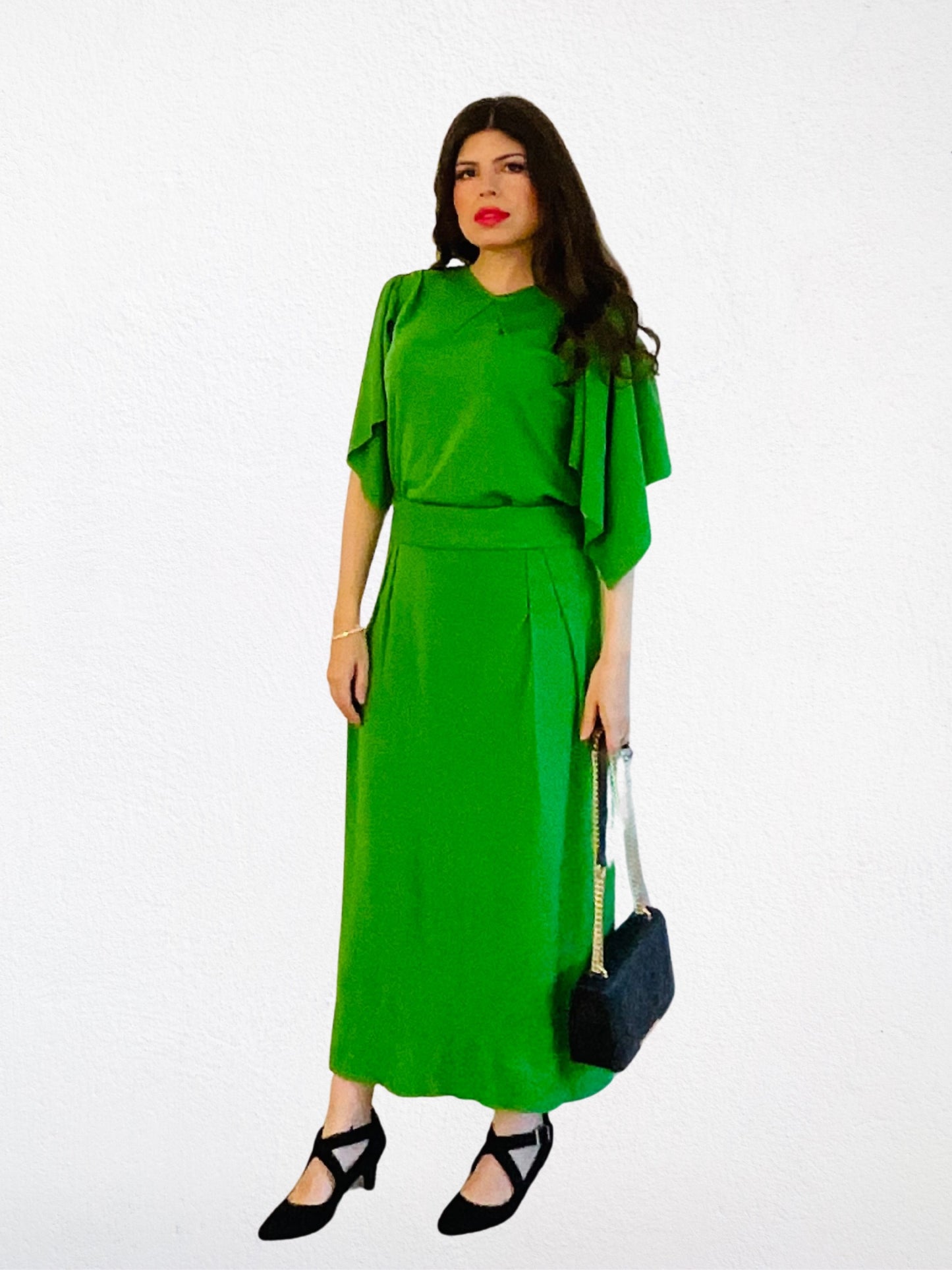 Tree Dress – Green Merino Wool Maxi Dress, short sleeves, waist tie”