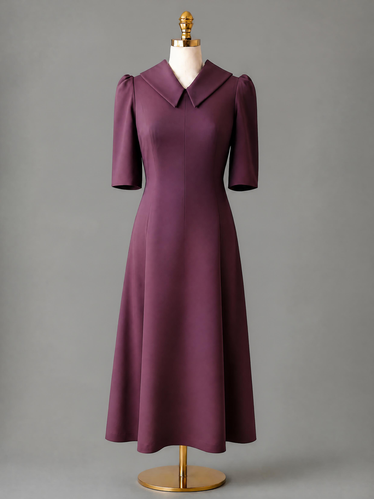 Full front view of an elegant Amethyst purple midi dress styled with a structured white strapless corset overlay, featuring a convertible collar, 3/4 sleeves, and a pleated A-line skirt.