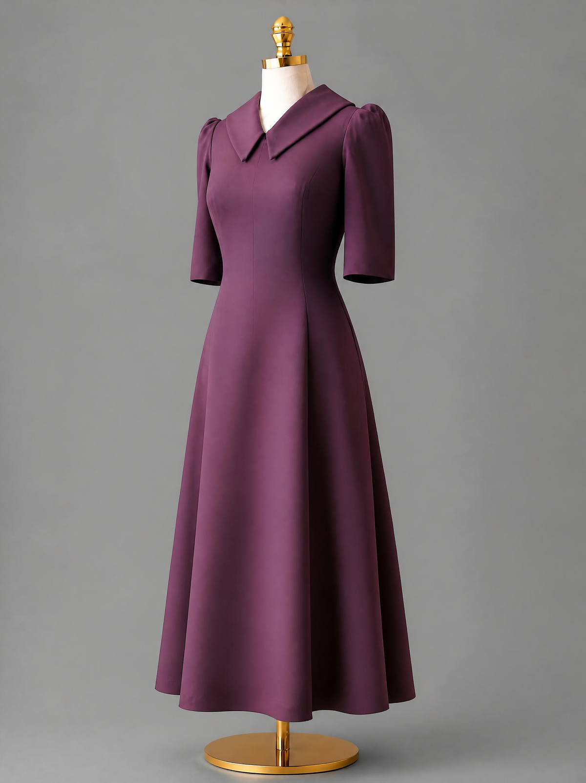 Three-quarter angle view of the Amethyst purple dress paired with the white corset bodice, highlighting the dimensional fit of the pleated skirt, convertible collar, and 3/4 sleeves.