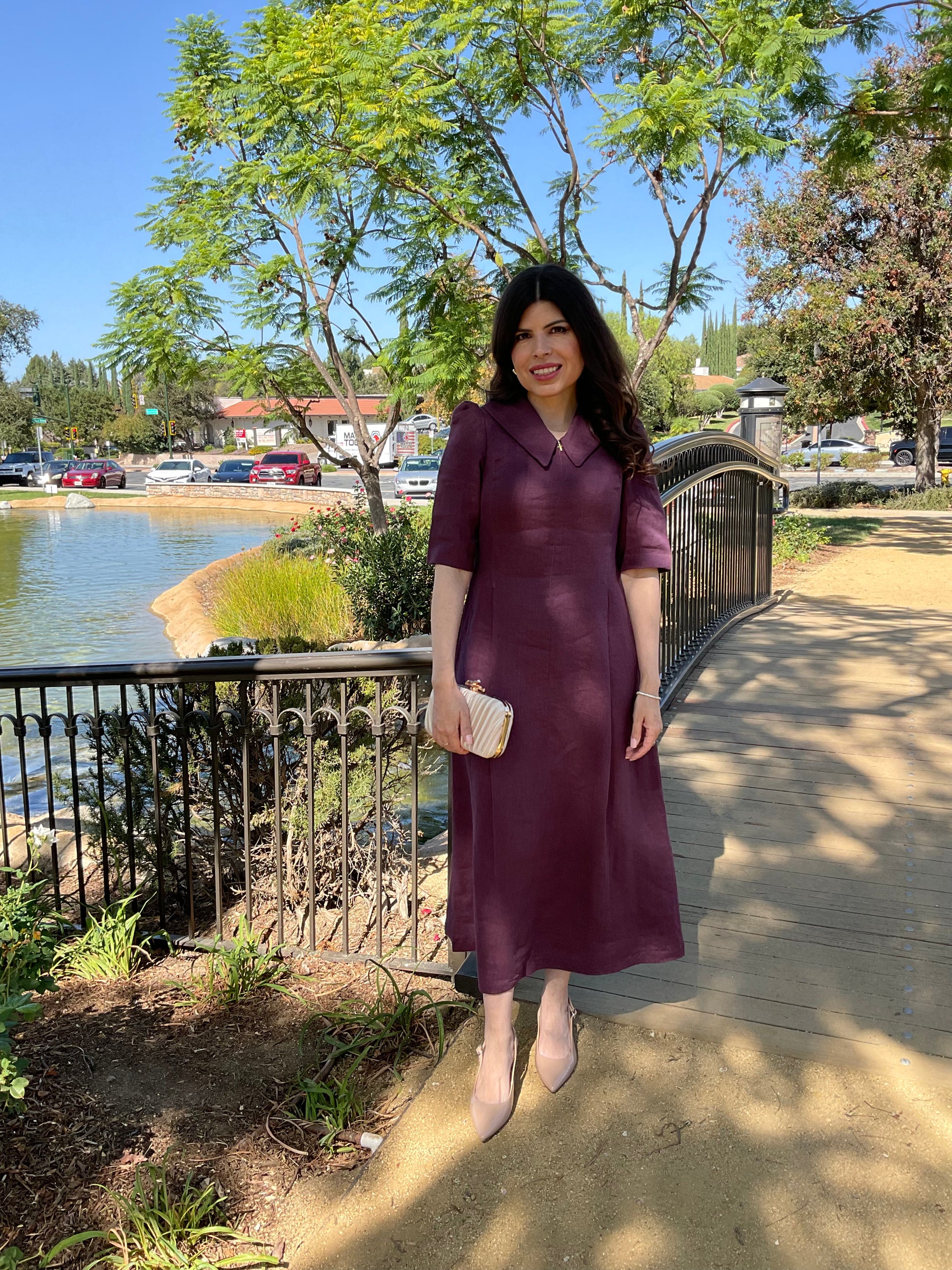 Front view of the royal purple linen Amethyst Maxi Dress from The Tabernacle Collection.