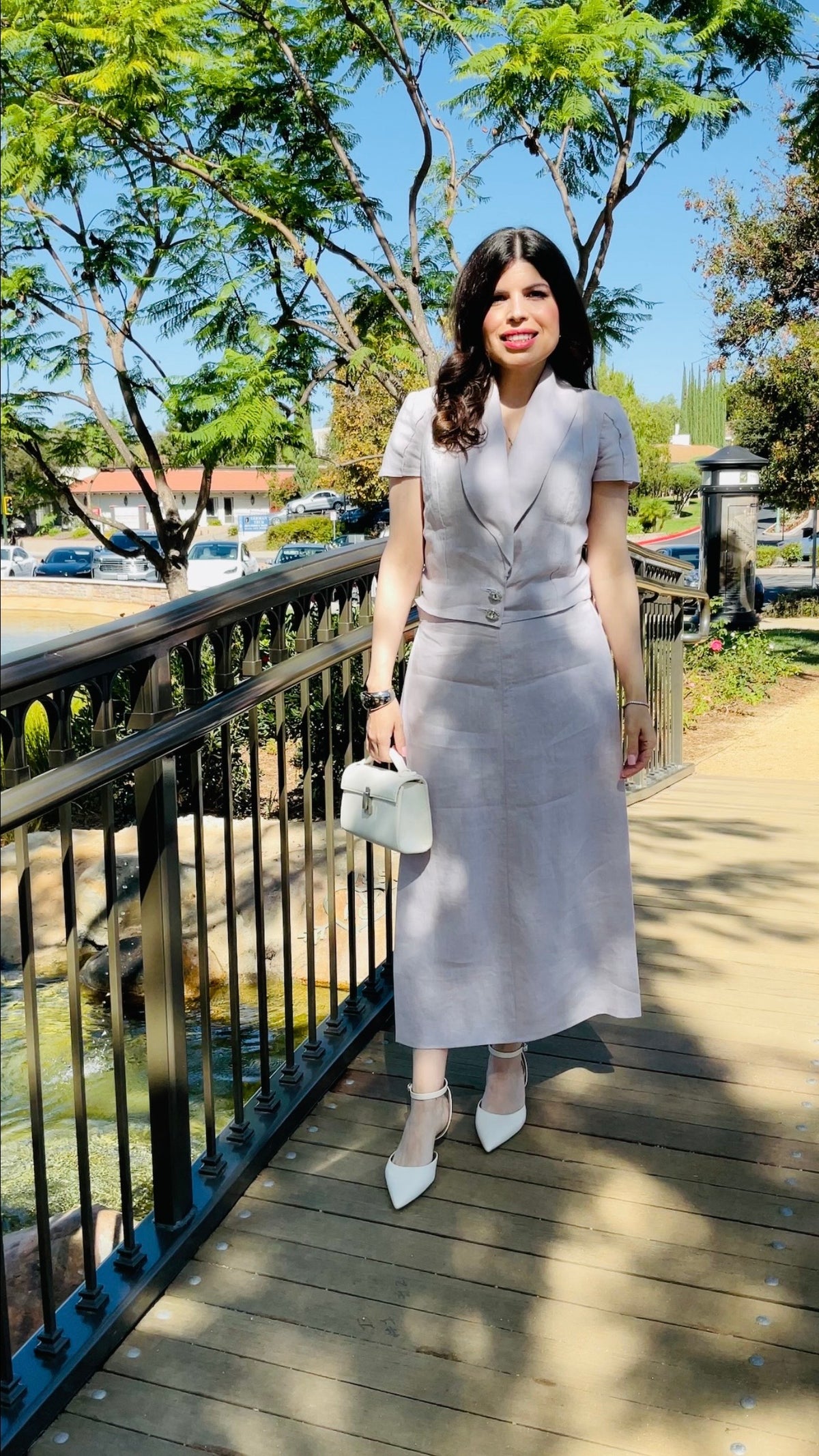 Front view of The Silent Dove 2-piece gray linen suit from The Tabernacle Collection