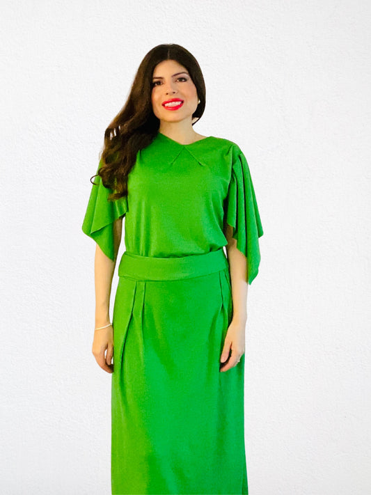 Tree Dress – Green Merino Wool Maxi Dress, short sleeves, waist tie”