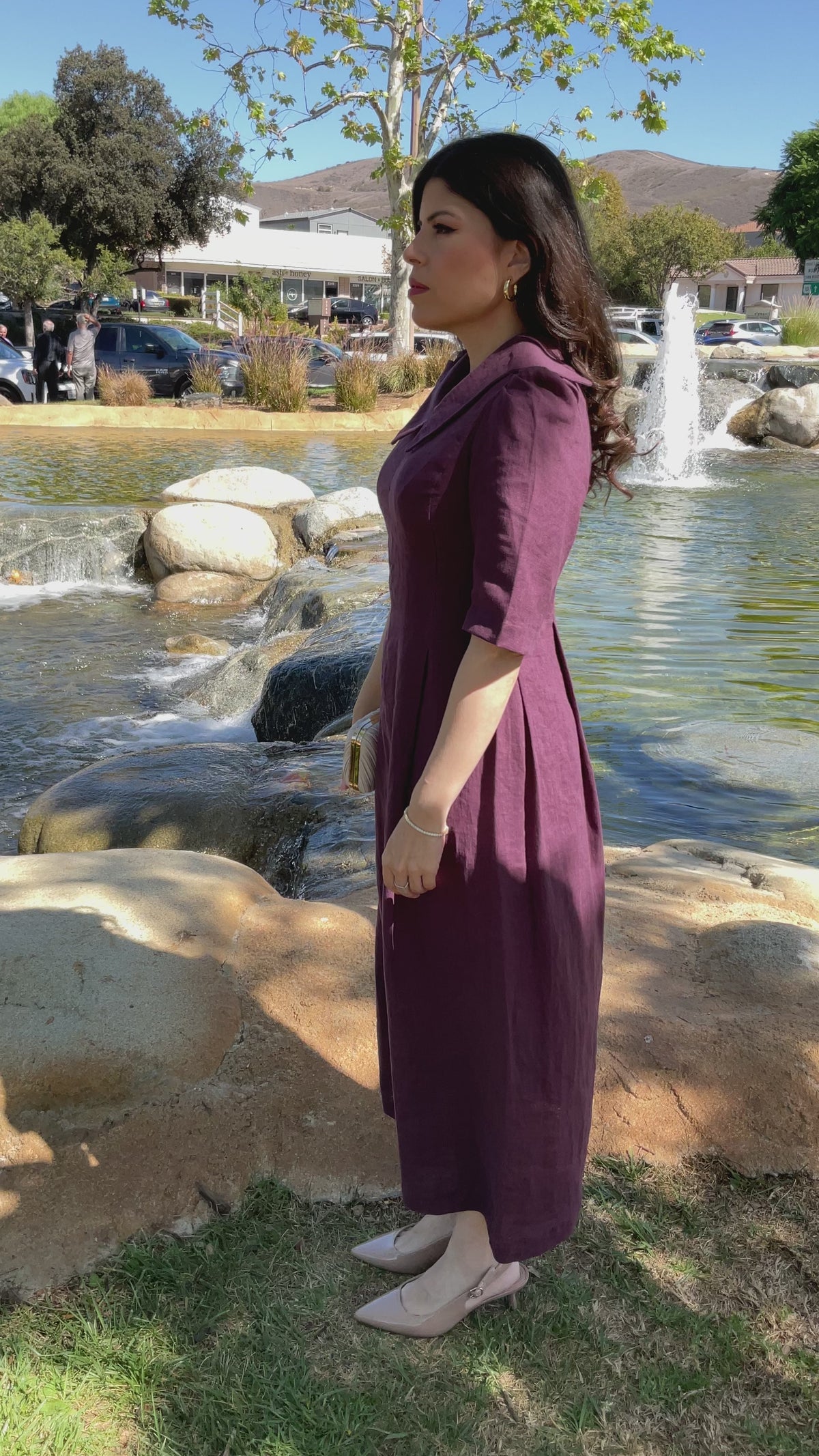 Video showing the rich purple color, fluid movement, and beautiful fabric drape of the Amethyst Maxi Dress.